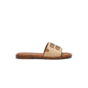Miu Miu Logo Raffia Slide Sandal – Beige/Cognac