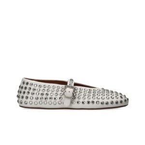 Alaïa Studded Leather Mary Jane Ballet Flats – White & Silver