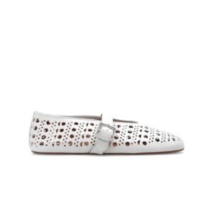 Alaïa Laser-Cut Leather Mary Jane Ballet Flats – White